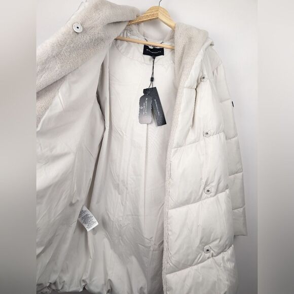 BCBGmaxazria White Puffer Winter Coat Women's Oversized XL Faux Fur Hooded Warm - Picture 15 of 16